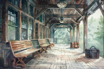 Poster - A painting of a train station with benches. Suitable for transportation or travel concepts