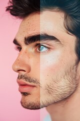 Poster - A close-up shot of a man's face against a pink background. Great for beauty or skincare concepts
