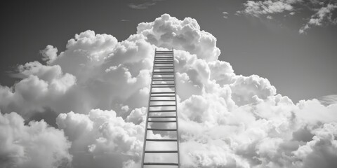 Poster - A black and white photo of a ladder reaching up into the clouds. Can be used for concepts of success, growth, or spirituality