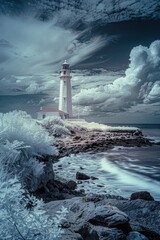 Poster - A lighthouse standing on a rocky shore under a cloudy sky. Suitable for maritime and coastal themes