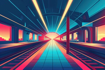 Poster - A serene sunset view at a train station, perfect for travel blogs or transportation themes