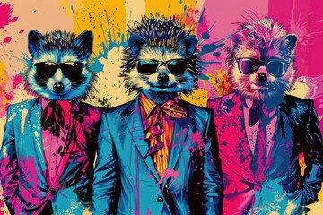 Poster - Three raccoons wearing suits and sunglasses. Perfect for business and animal-themed designs