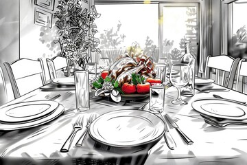 Aufkleber - A drawing of a table set for a meal, perfect for food and dining concepts
