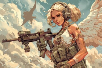 Poster - A woman holding a machine gun. Suitable for military or action-themed projects