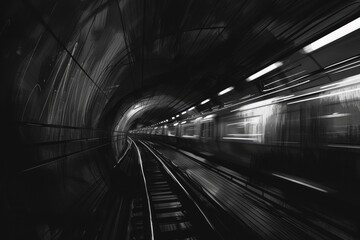 Poster - Black and white photo of a train in a tunnel, suitable for transportation concepts