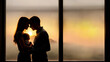 silhouettes of family dad and mum with baby in their arms in front of window at sunset. Generated by AI.