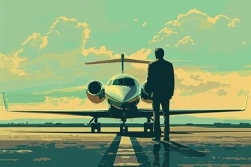 Poster - A man standing next to an airplane on a runway, suitable for travel industry