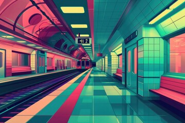 Poster - A subway station with a train on the tracks. Suitable for transportation themes