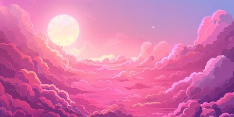 Poster - A serene painting of a pink sky with fluffy clouds. Perfect for calming and peaceful designs