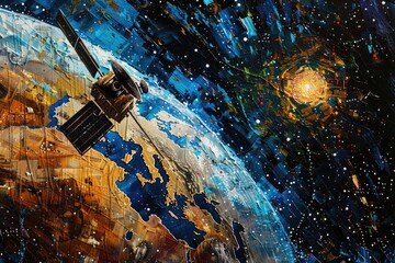 Aufkleber - A painting of a satellite in space with a planet in the background. Ideal for science and technology concepts