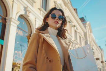 Poster - Woman in coat and sunglasses holding a shopping bag, perfect for retail or fashion concepts