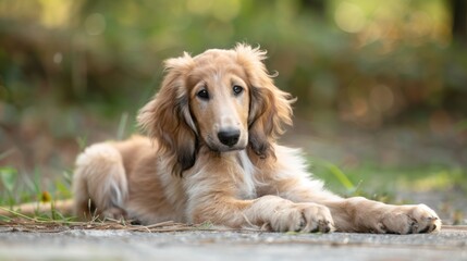 Wall Mural - A beautiful Golden Retriever puppy lounges on the ground looking directly into the camera