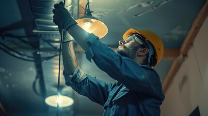Poster - A man in a hard hat and safety glasses fixing a light fixture. Suitable for industrial and construction concepts