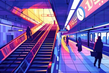 Poster - A crowded subway station with people walking on the escalator. Suitable for transportation concepts