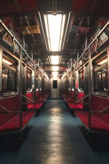 Poster - Interior of a subway car with red seats and a skylight. Suitable for transportation concepts