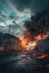 Poster - A city street filled with fire and smoke. Suitable for illustrating urban disasters