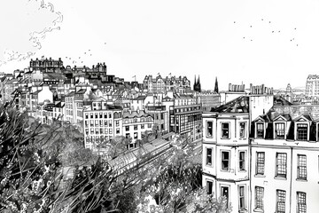 Poster - Detailed black and white drawing of a city. Suitable for urban design projects