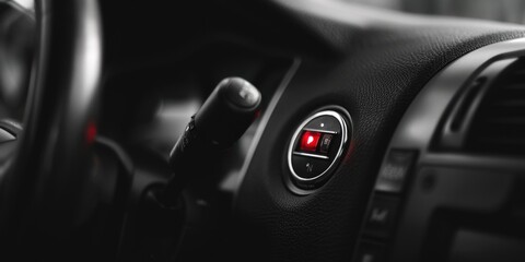 Poster - Close up of a steering wheel with a red light, perfect for automotive concepts