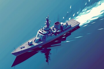 Sticker - A navy ship floating on top of a body of water. Suitable for military and travel concepts