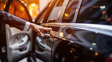 close up businessman opening the door of his luxury car. human hand on luxury car door handle.