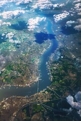 Aufkleber - Aerial view of a city overlooking a body of water. Ideal for urban and travel concepts