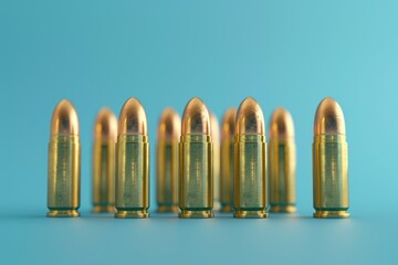 Poster - A row of bullet shells on a blue surface. Suitable for military or crime-related themes