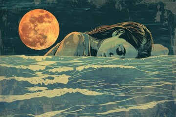 Aufkleber - Woman relaxing in water under a full moon, ideal for relaxation concept
