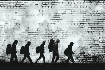 Canvas Print - People walking past a brick wall, suitable for urban themes