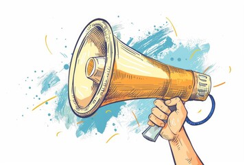 Poster - A hand holding a megaphone on a blue background. Suitable for advertising and communication concepts