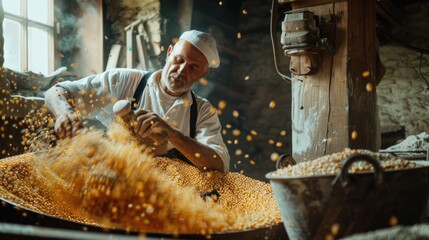 Poster - A man pouring corn kernels into a metal bowl. Suitable for agricultural and cooking concepts