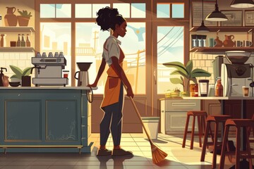 Wall Mural - A woman using a broom to sweep the floor. Suitable for cleaning and household chores concept