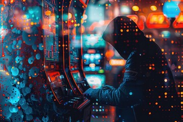 Poster - A person in a hoodie playing a game of slot machines. Suitable for gambling or entertainment concepts