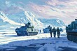 Group of soldiers marching through snow. Suitable for military and winter themes