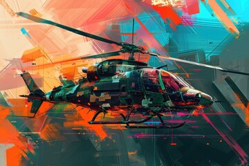 Poster - A helicopter soaring through a colorful urban skyline, suitable for transportation or cityscape concepts