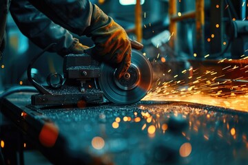 Poster - Person using grinder to cut metal, industrial concept