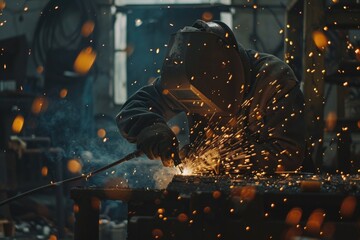 Poster - A welder working on a piece of metal. Suitable for industrial concepts