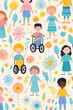 Seamless pattern of diverse and disabled kids, unique color blocks for inspiring prints ,  illustration