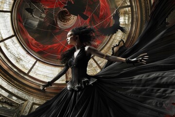 Aufkleber - A woman in a black dress standing in front of a clock. Ideal for time management concepts