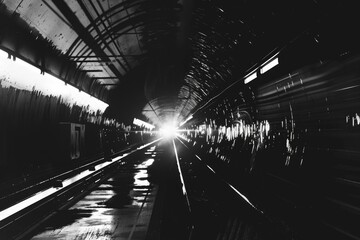 Poster - Black and white photo of a train at a station. Suitable for transportation and travel concepts