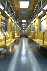 Poster - An empty train car with bright yellow seats. Perfect for transportation concepts