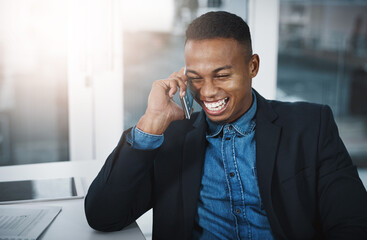 Aufkleber - Black man, laughing and relax with phone call for funny joke, discussion or communication at office. Happy businessman, accountant or employee smile with mobile smartphone for friendly conversation