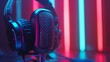 Intimate close-up of a microphone and headphones designed for ASMR recording, highlighted by neon LED lighting on a black stand