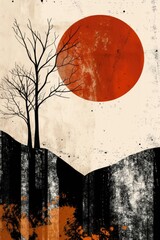 Canvas Print - Artistic depiction of two trees under a red sun. Suitable for nature themes