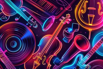 Poster - Neon music instruments on a black background, perfect for music events promotions
