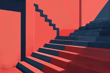 Poster - A set of stairs leading up to a vibrant red wall. Suitable for architectural or interior design concepts