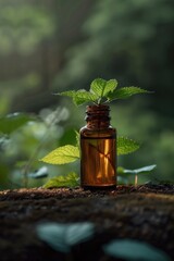 Aufkleber - A small glass bottle with a plant growing out of it. Suitable for various environmental and sustainability concepts
