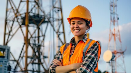 Sticker - A portrait of an attractive smiling young female telecom engineer with his arms crossed