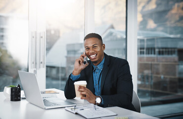 Aufkleber - Happy businessman, discussion and phone call with coffee for proposal or communication at office desk. Black man, accountant or employee with smile on mobile smartphone for friendly conversation