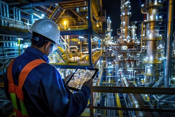 Poster - A man in a hard hat using a tablet. Suitable for construction industry concepts