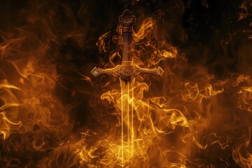 Poster - A powerful flaming sword against a dark backdrop. Suitable for fantasy or battle themed projects
